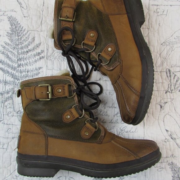 UGG Cecile Brown Waterproof Leather Ankle Duck Boots 1007999 Fur Felt Lined 5.5 - Picture 3 of 8